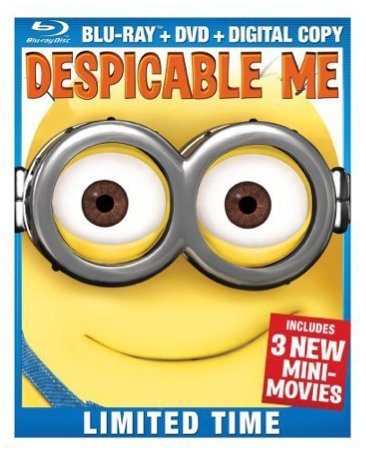 Despicable Me movie cover with a yellow character wearing goggles.