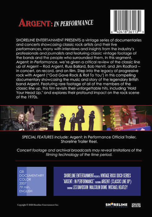 Argent: In Performance (MOD) (DVD Movie) - back cover art