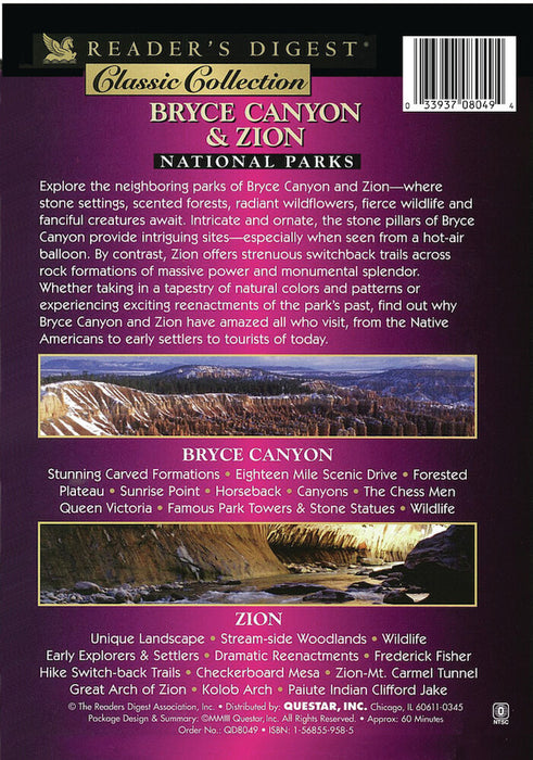 Bryce Canyon & Zion National Parks (MOD) (DVD Movie) - back cover art