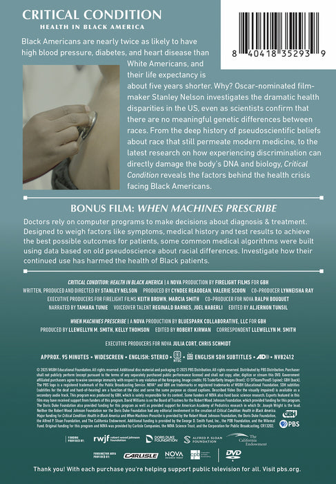 NOVA: Critical Condition - Health in Black America (MOD) (DVD Movie) - back cover art